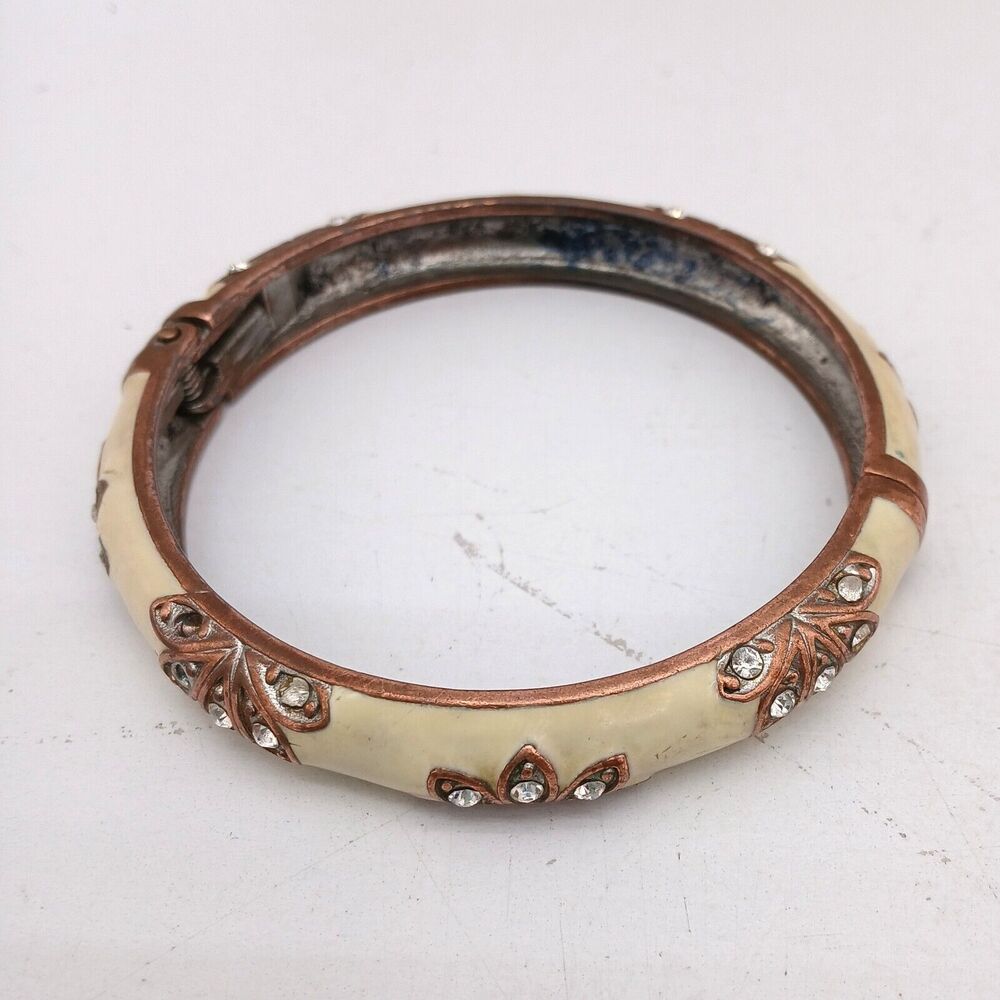 Vintage Enamel & Rhinestone Bangle Bracelet Hinged Art Deco Style Cream Copper